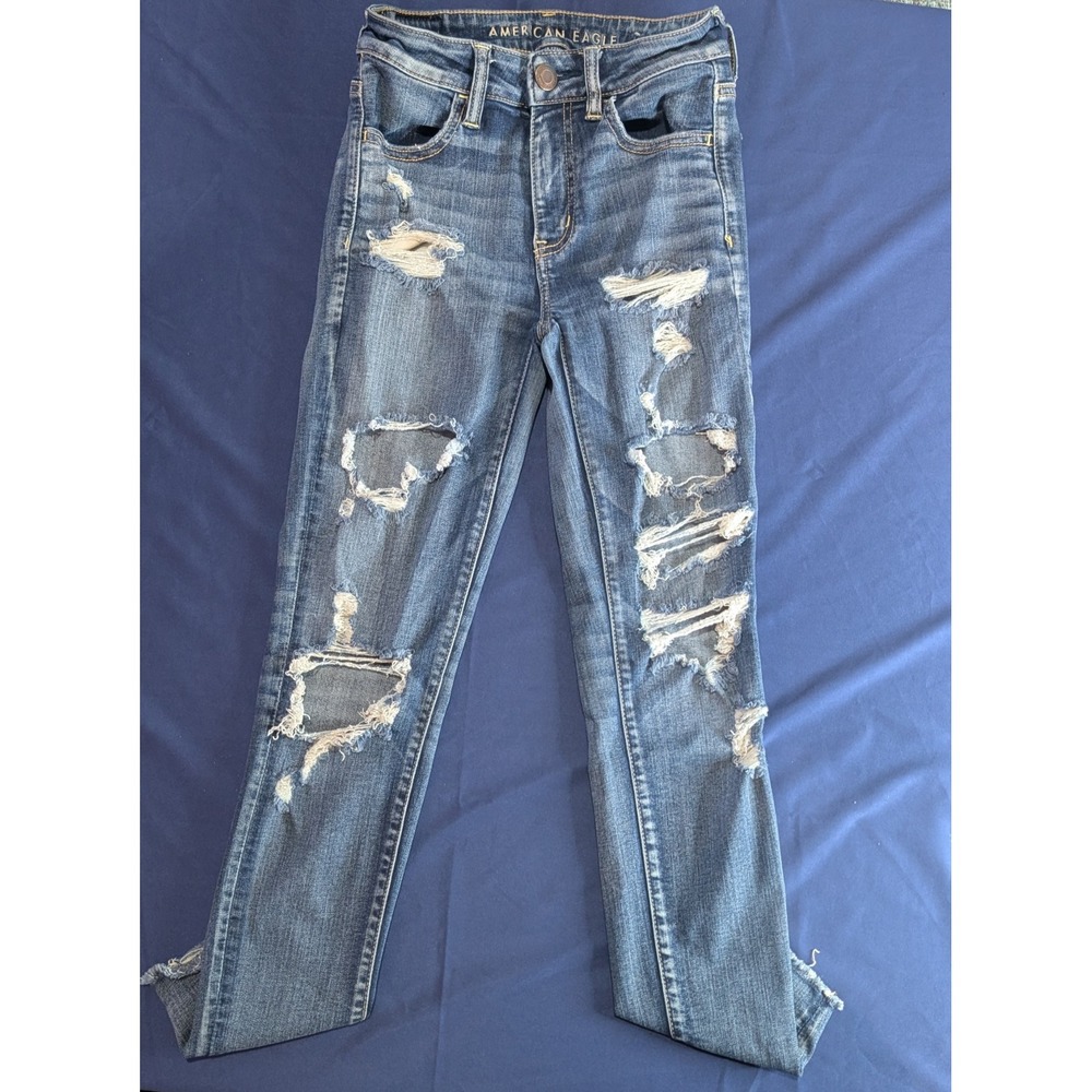 American Eagle Hi Rise Jegging Crop Jeans‎ Women Blue Ripped Super Stretch